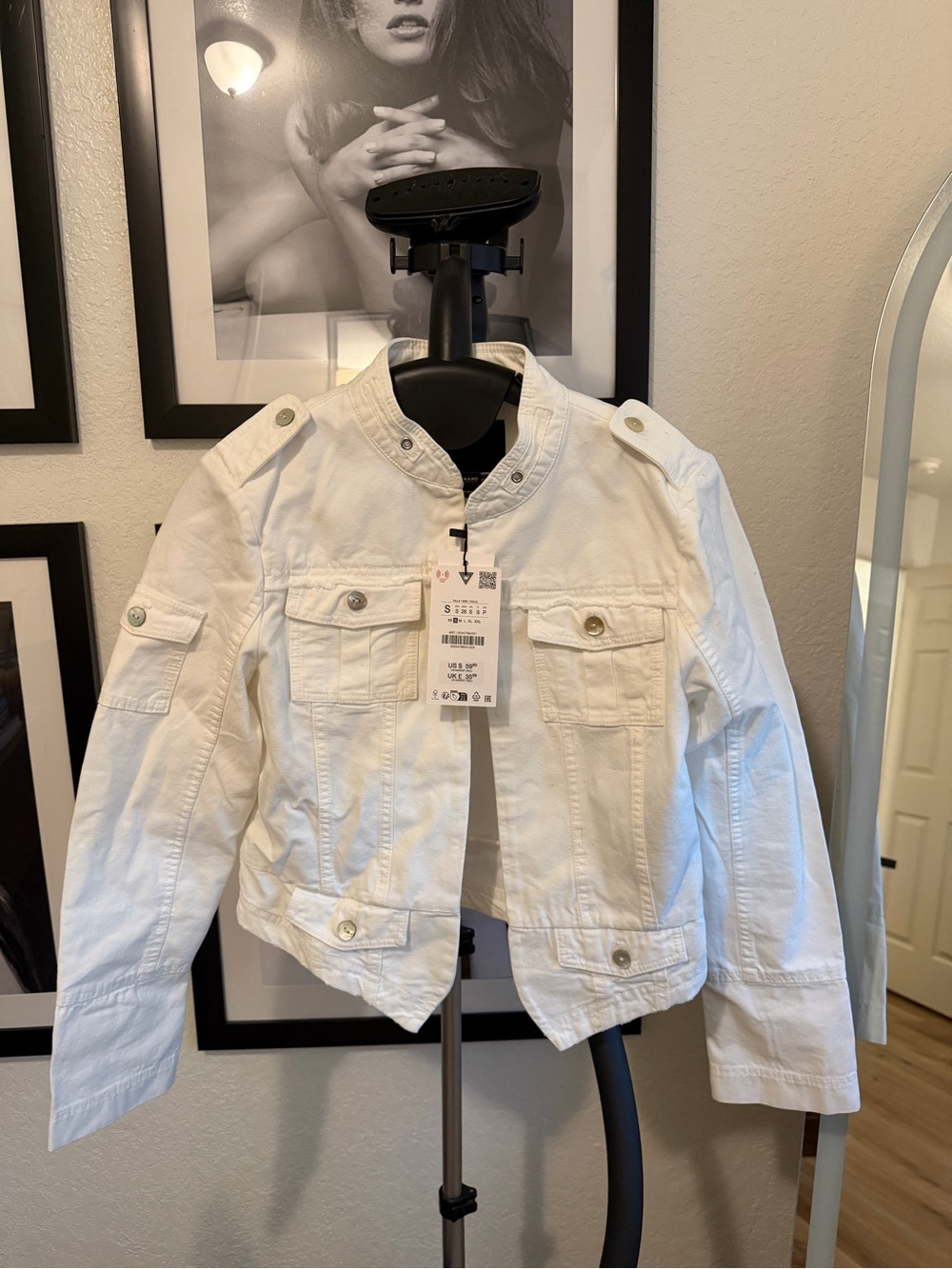 Zara White Women’s Denim Jacket with Military Details